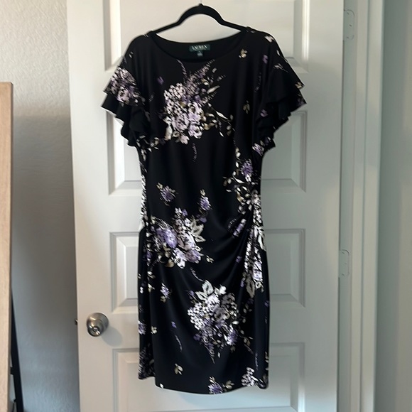 Ralph Lauren Dresses & Skirts - Lauren black dark floral cinched dress SZ 14 black wrap style ruffle career